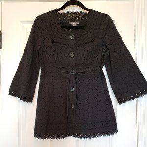 Black Eyelet Tunic Top, Drawstring Waist, Button Front, Square neckline, Size S